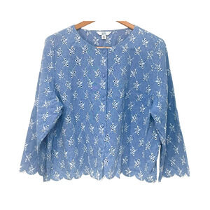Croft & Barrow Plus Sz XXL Button Front Blouse Scallop Hem Chambray Eyelet Blue
